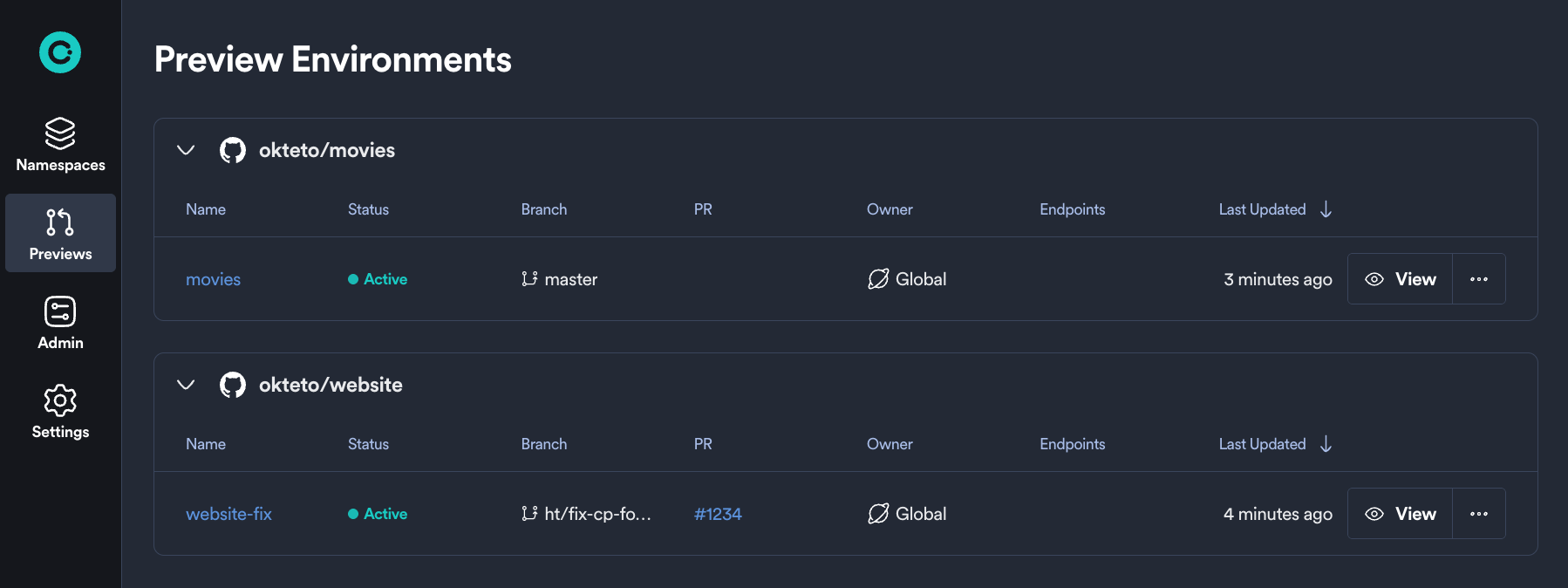 preview environments in the Okteto dashboard